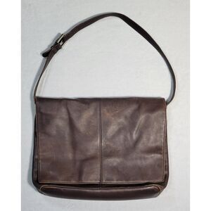 VTG Eddie Bauer Dark Brown Leather Messenger Bag Flap ADJ Strap Item#‎ 023-3498